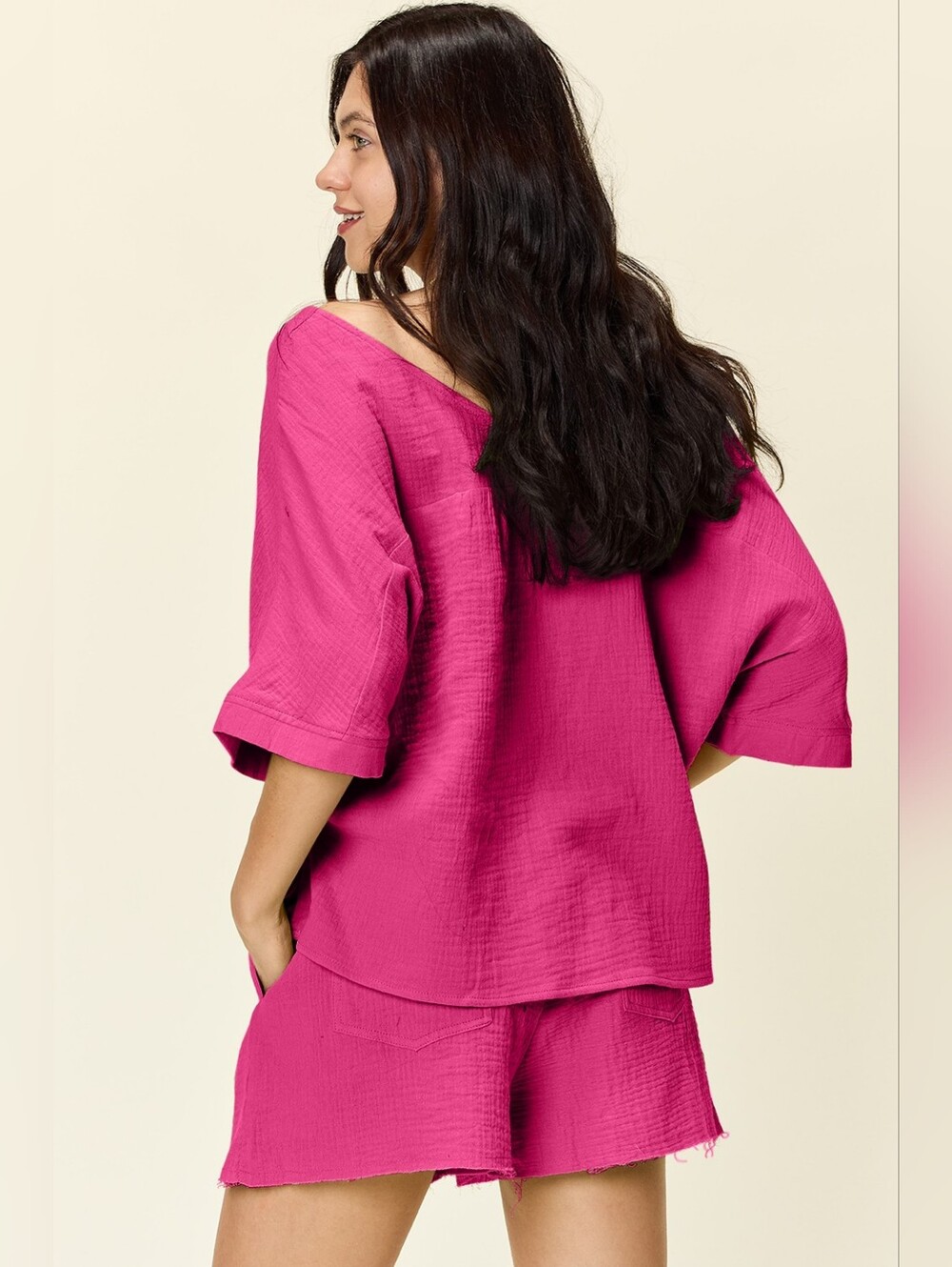 Women's Pink V-Neck Top & Matching High Waist Shorts Set- Full & Plus Sizes - Picture 3 of 6